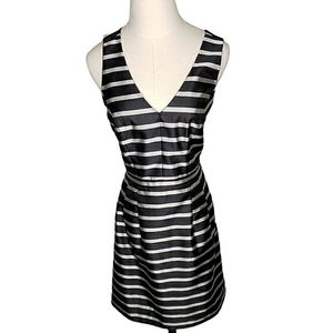 J. Crew Palliete Cocktail Dress 8 Silver Striped Pockets Fit Flare Double V-neck